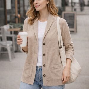 J Crew Rumpled French Terry Cardigan Shawl Collar Cotton Beige Sz S Minimalist